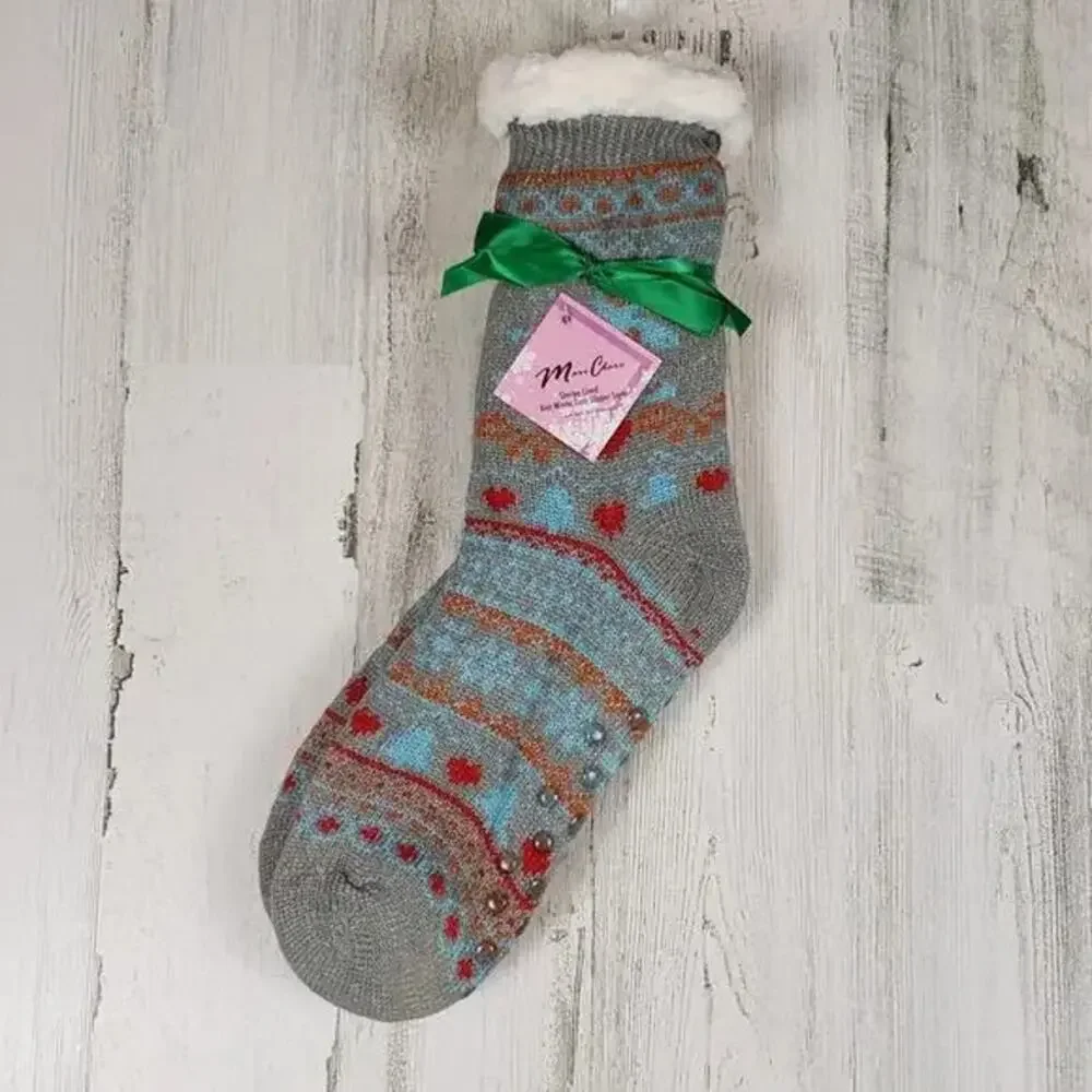 New Set of 4 Mari Clare Sherpa Lined Holiday No Slip Slipper Socks Women's